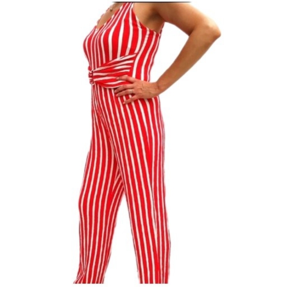 AKIRA Belted Spaghetti Strap V-Neck Jumpsuit Candy Cane Red White Size Small - Picture 4 of 8